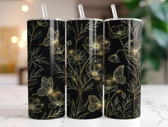 Black Gold Floral Butterfly Tumbler Wrap
