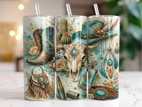 Boho Teal Cowgirl 20oz Tumbler Wrap PNG