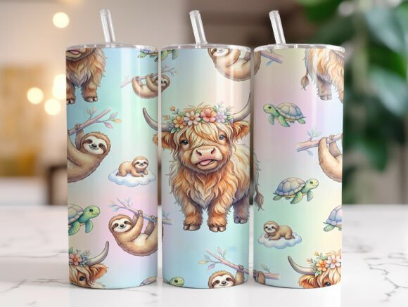 Highland Cow Sloth Turtle Tumbler Wrap