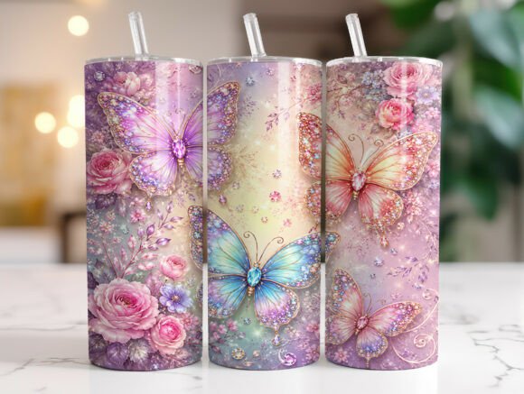 Pastel Butterfly Floral Tumbler Wrap PNG