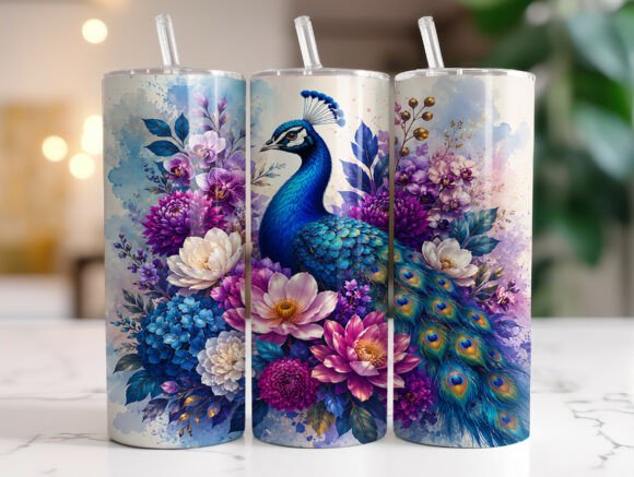 Peacock Floral Skinny Tumbler Wrap PNG