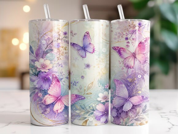 Purple Butterfly Floral 20oz Tumbler PNG