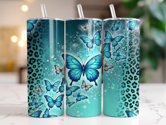 Teal Butterfly Leopard 20oz Tumbler PNG