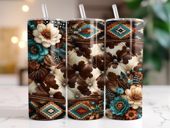Western Cowhide Floral Tumbler Wrap PNG