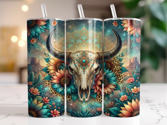 Western Floral Cow Skull Tumbler Wrap
