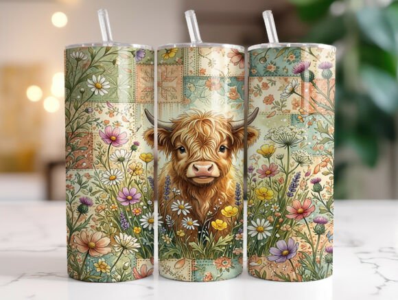 Wildflower Highland Cow Tumbler Wrap PNG